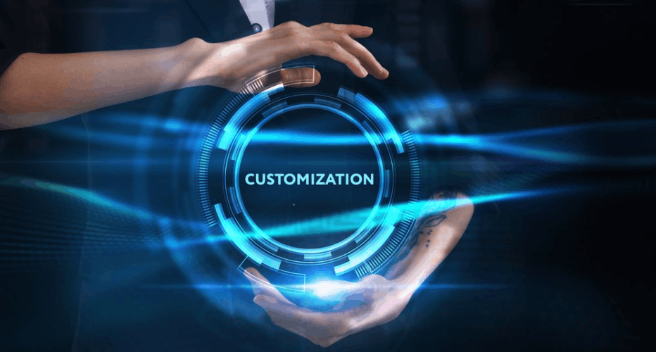 Hands interacting with a futuristic digital customization interface labeled Customization