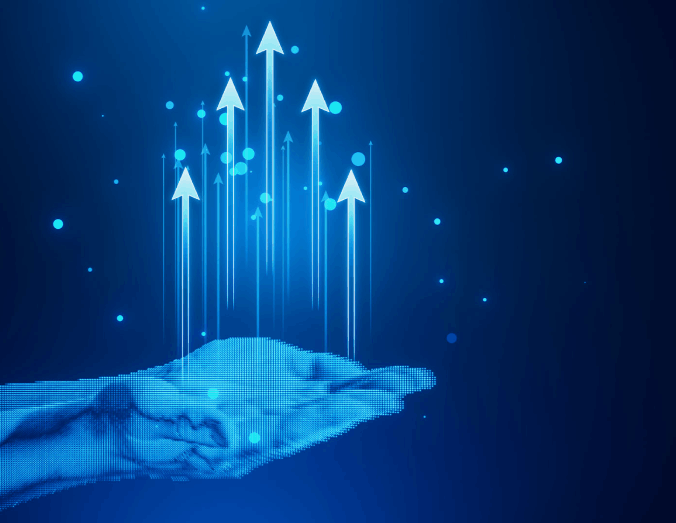 Digital hand holding upward arrows symbolizing business growth and scalable web applications