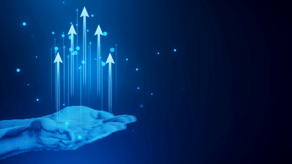 Digital hand holding upward arrows symbolizing business growth and scalable web applications