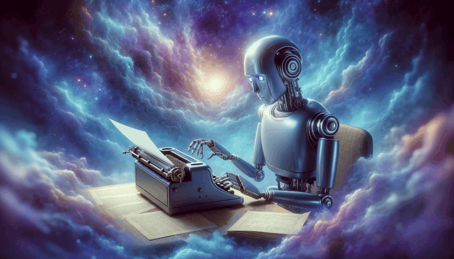 Humanoid robot typing on a vintage typewriter in a cosmic futuristic setting