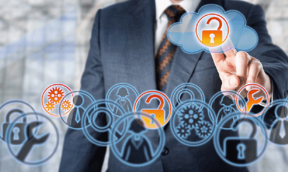 Business professional interacting with digital IoT security and smart device icons