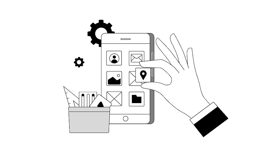 Hand interacting with a smartphone displaying app icons, with gears and office supplies nearby, symbolizing mobile technology and productivity.
