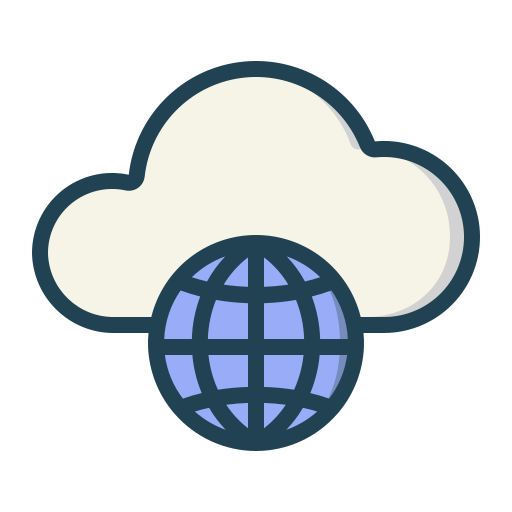 Stylized cloud icon with a blue globe in front, symbolizing cloud computing, internet services, and global connectivity.