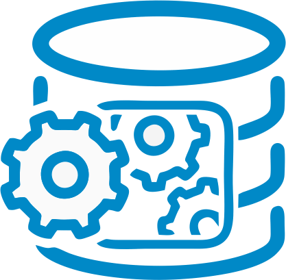 Stylized cylindrical database icon containing three gears, representing data engineering, automation, and backend processing.