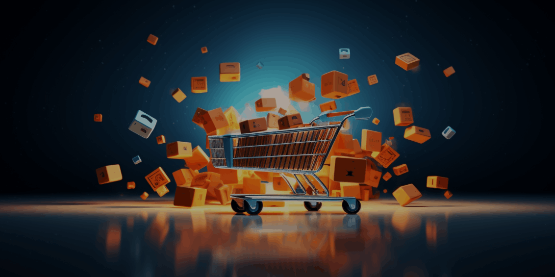 Digital shopping cart surrounded by flying boxes and packages, symbolizing online shopping and e-commerce.