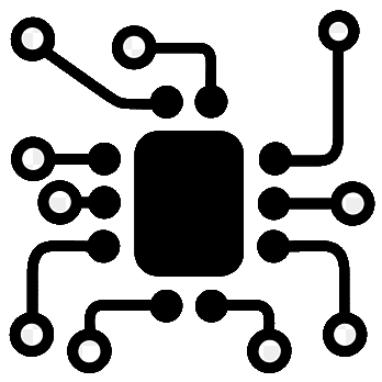 Stylized icon of a microchip with a central black rectangle and symmetrical lines extending outward