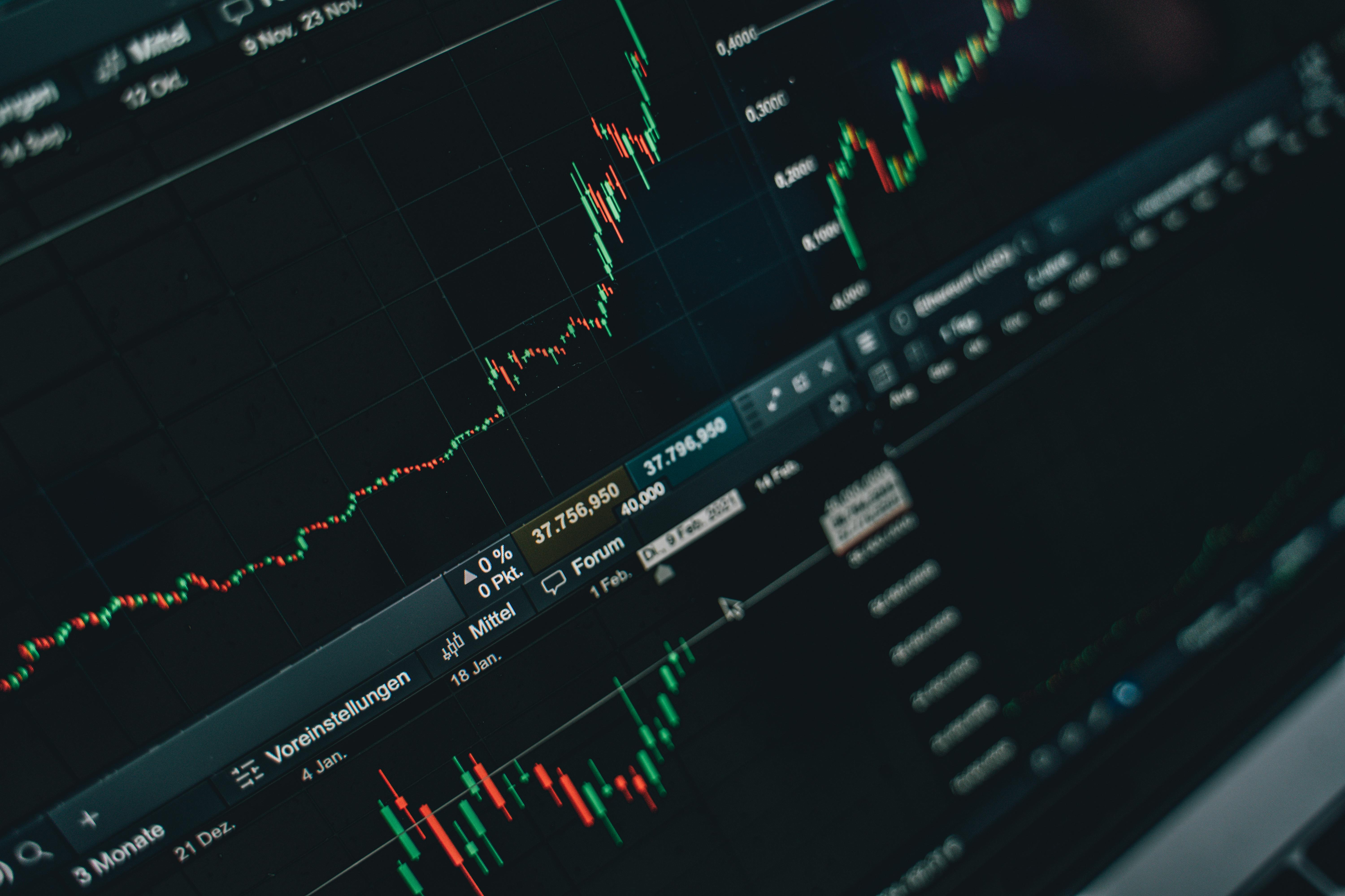 Close-up stock market trading charts displayed on a computer screen showing data trends
