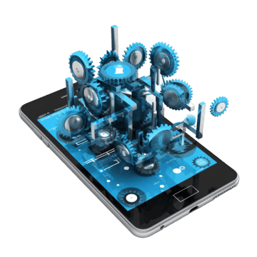 Digital interface on a smartphone showing interconnected blue gears emerging from the screen, representing app development and system mechanics.