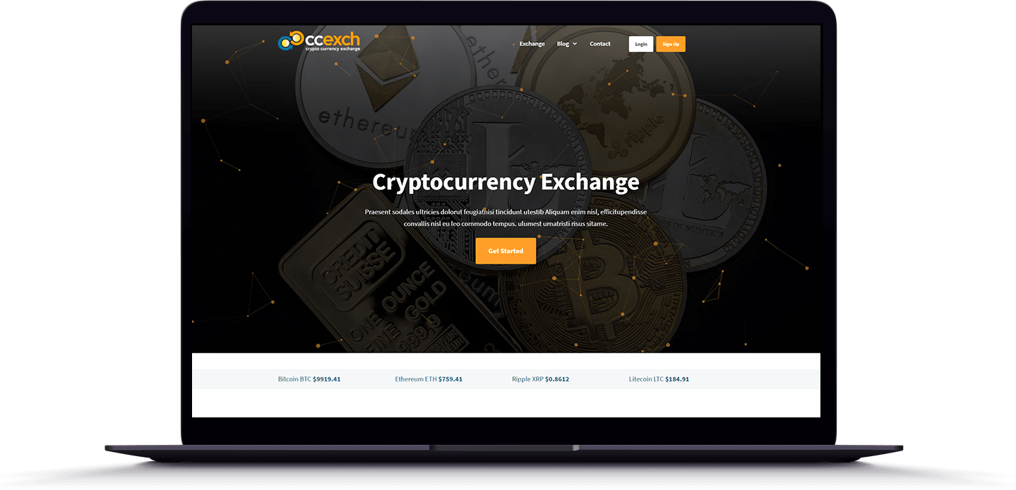 Cryptocurrency exchange website homepage with digital coin background