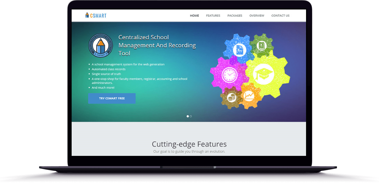 School management system dashboard interface with feature highlights