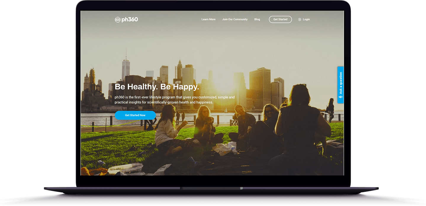 Healthcare and wellness website homepage with city skyline background