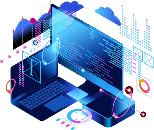 Isometric laptop screen showing lines of code, surrounded by charts, cloud icons, and UI wireframes, symbolizing software development and data analysis.